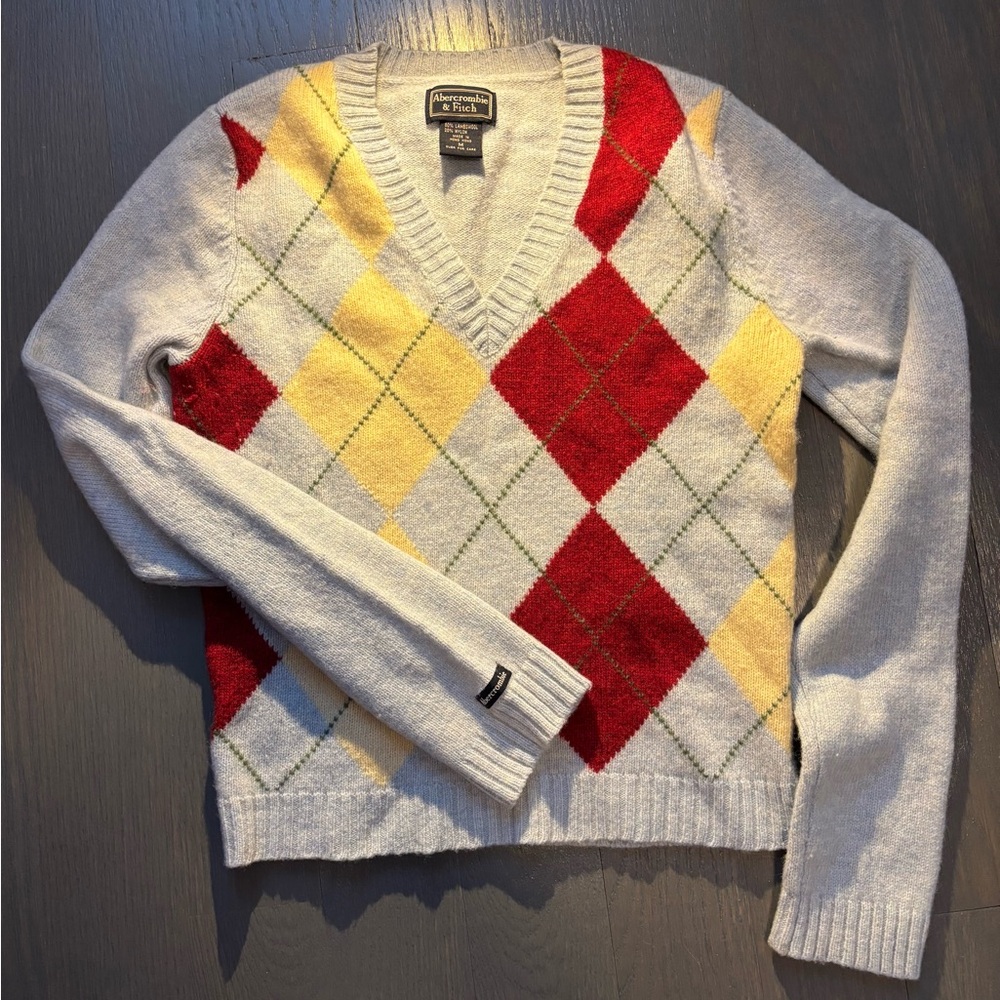 Abercrombie & Fitch V-Neck Sweater - Red, Yellow, Gray Argyle
